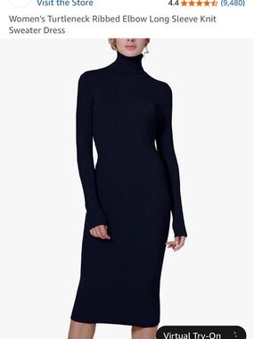 Long Sleeve Ribbed Turtleneck Knot Dress - Navy